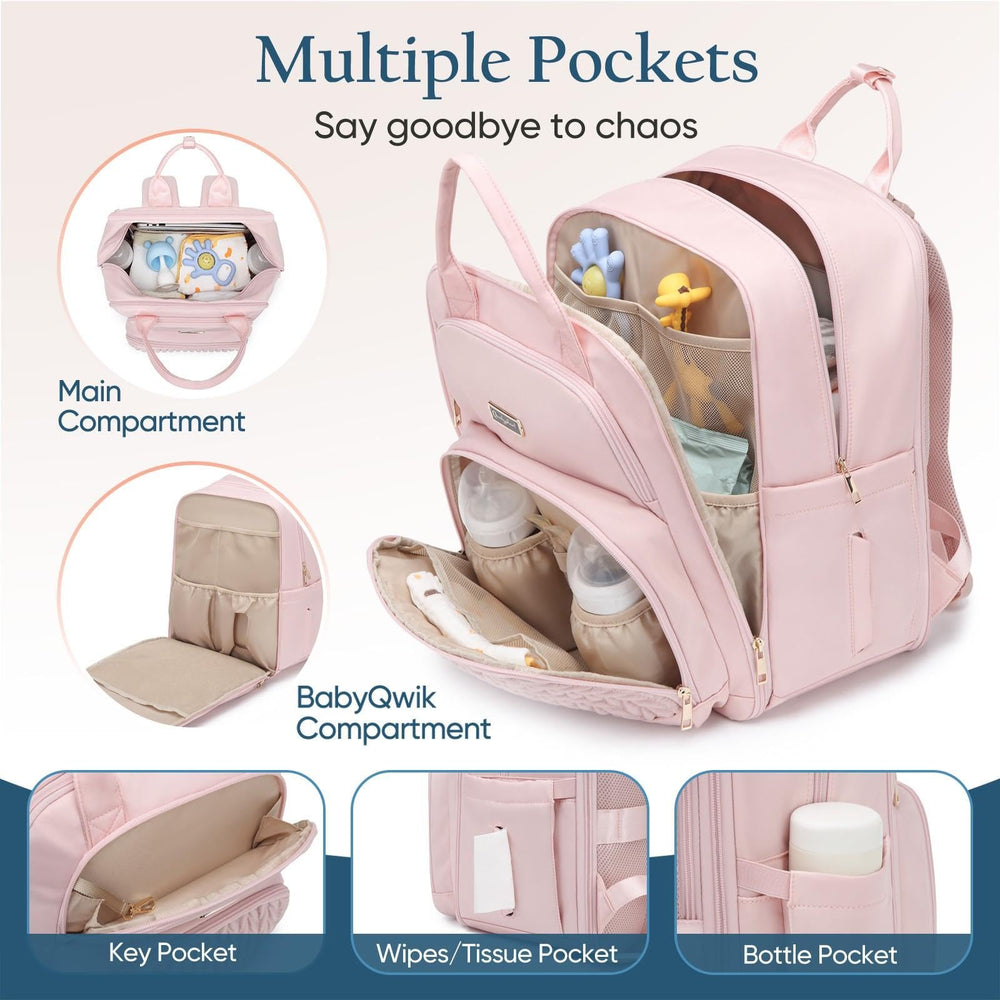 Qualyphant diaper bag includes stroller hooks and luggage straps for hands-free use.