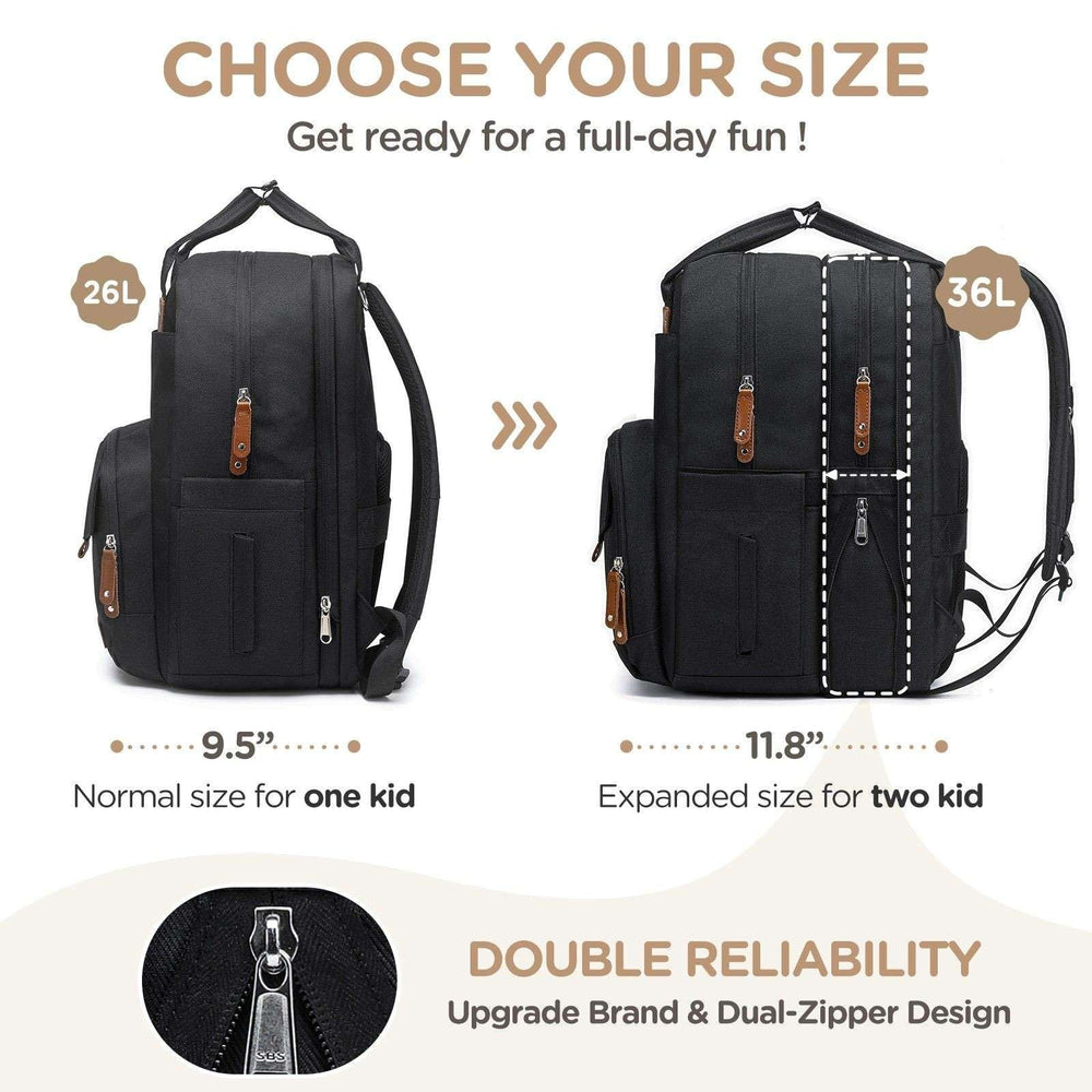 Qualyphant twin diaper bag expansion zip demonstrates easy size increase for growing families.