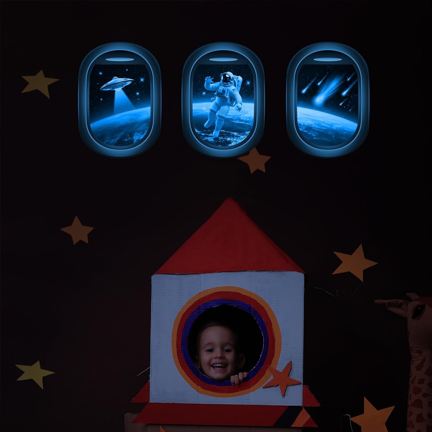 Quanhaigou glow space window sticker set adheres to smooth surfaces