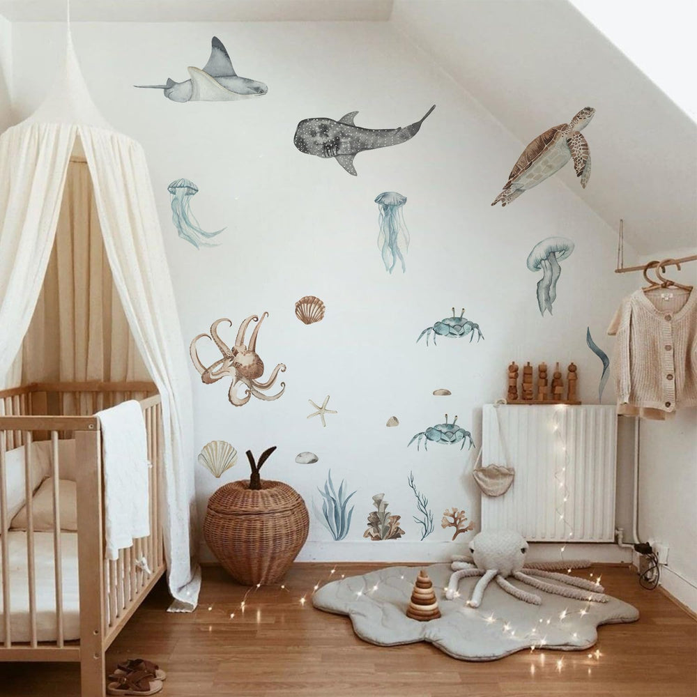 QUCHENG Ocean wall decals featuring a whale for lively kids' room decor.