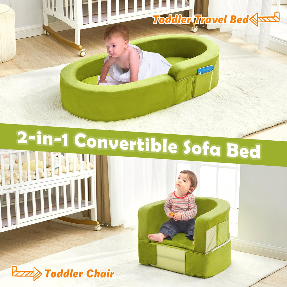 QUCHI toddler travel bed set up as a cozy sofa for playtime.