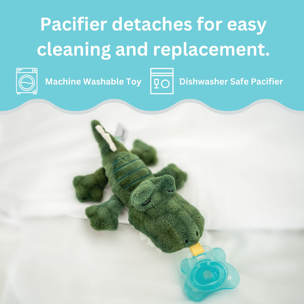 Queebi PaciBuddy plush with embroidered eyes reduces choking hazards while remaining inviting.