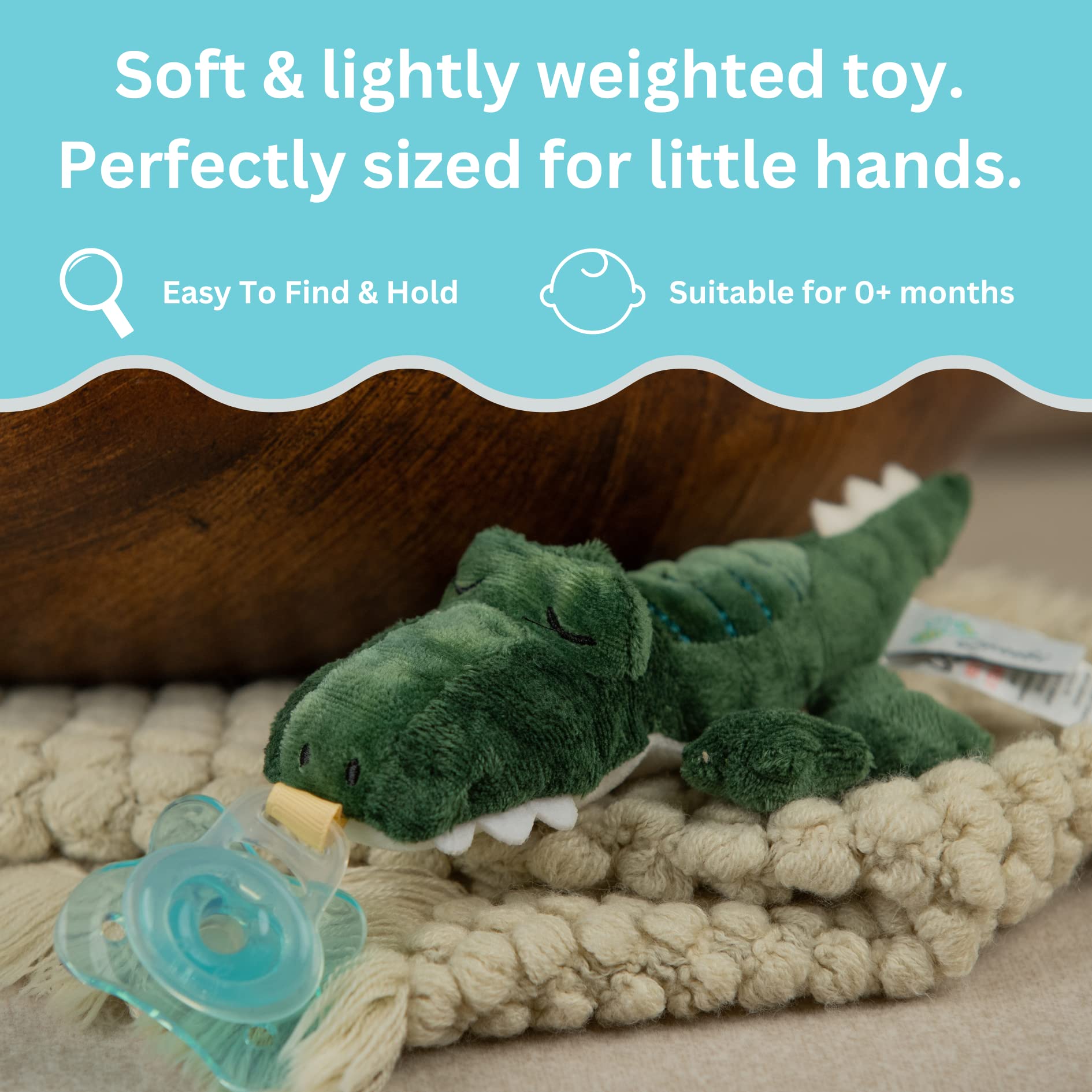 Queebi PaciBuddy soft pellet-free fabric provides gentle textures for babies.