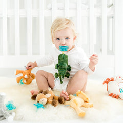 Queebi PaciBuddy universal adapter fits most name-brand pacifiers for easy swapping.