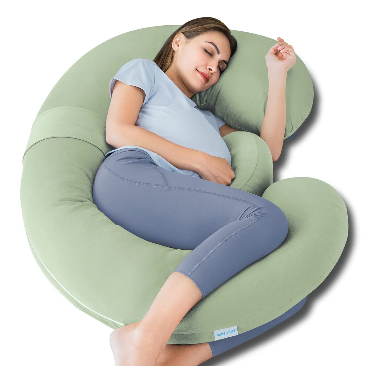 Queen Rose cooling cover on the pregnancy pillow for hot sleepers.