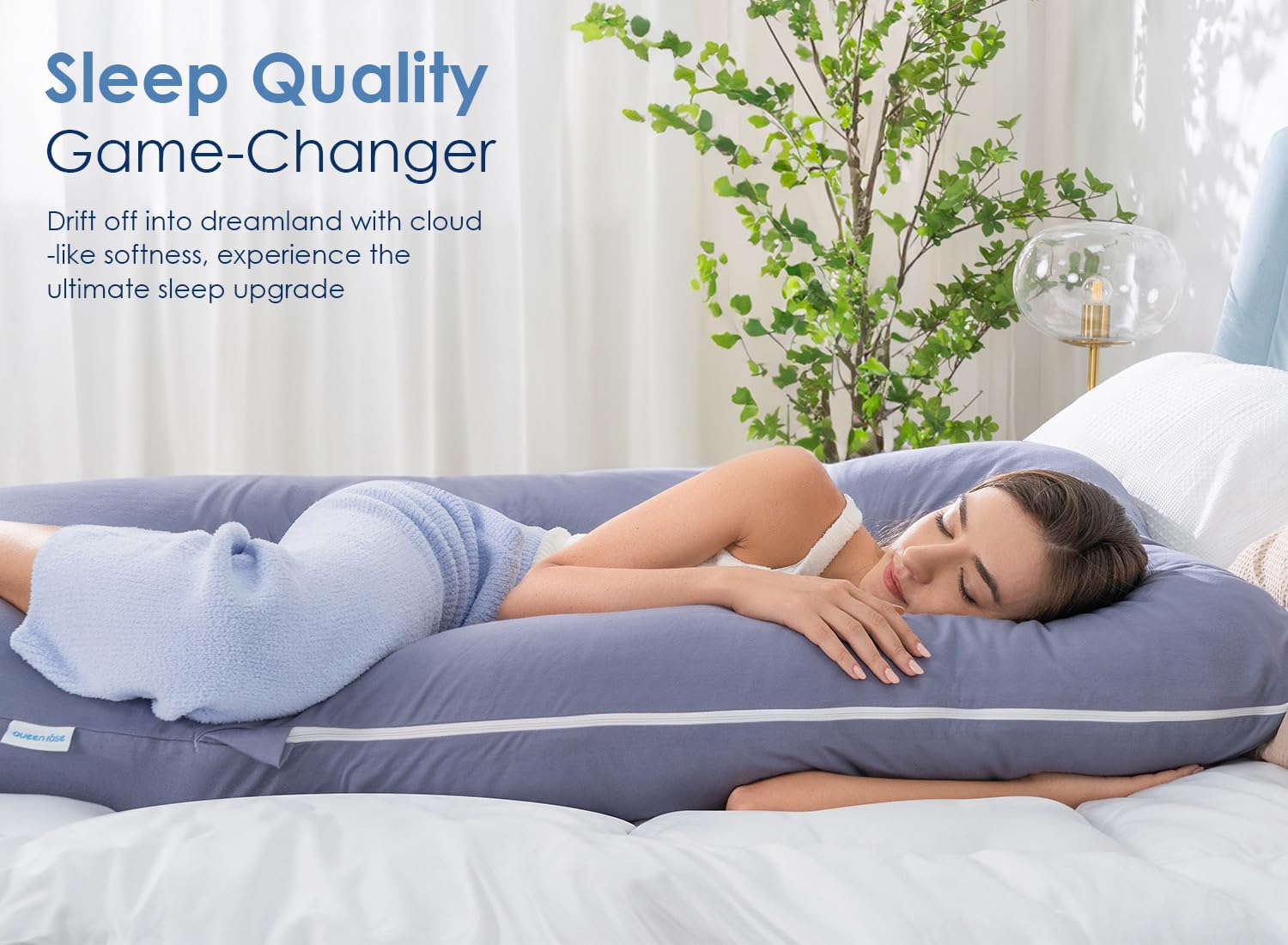 QUEEN ROSE pillow offers side sleep position with wrapped leg support.