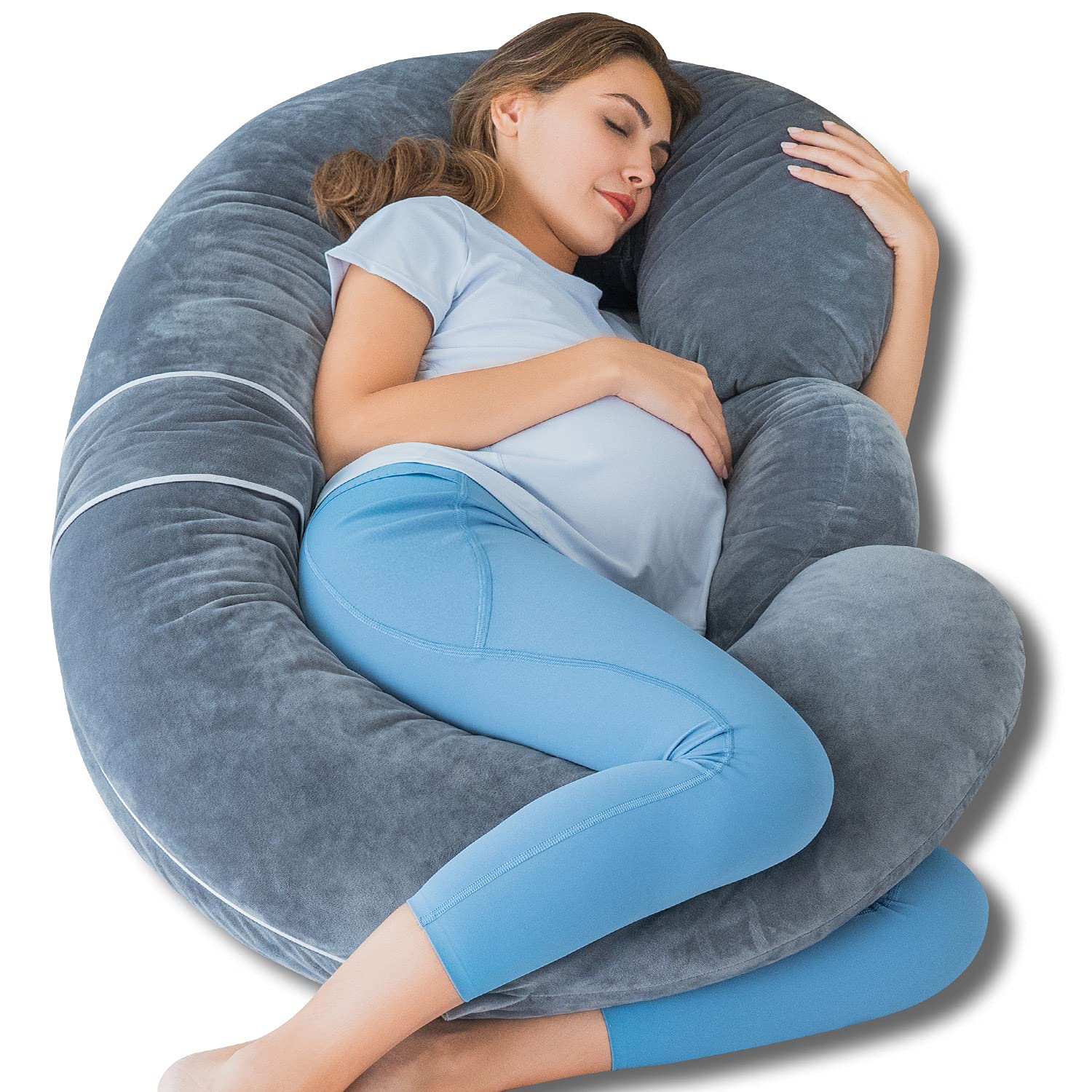 QUEEN ROSE pregnancy pillow with gray velvet cover for cozy side sleeping