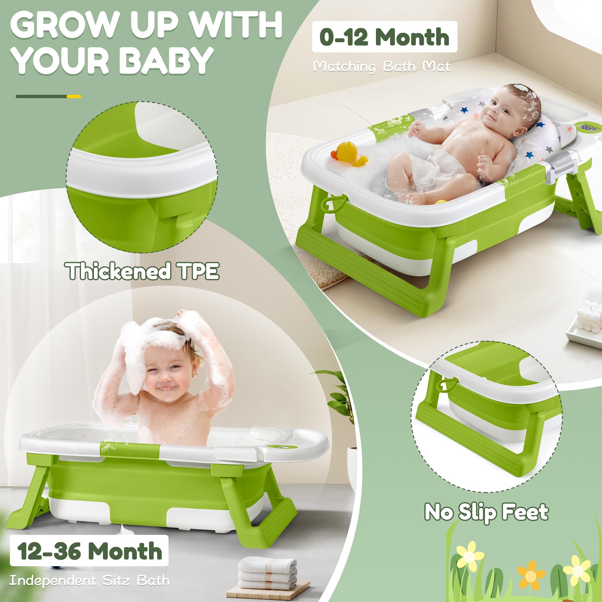 QueenFul baby bathtub with four-corner stability base.