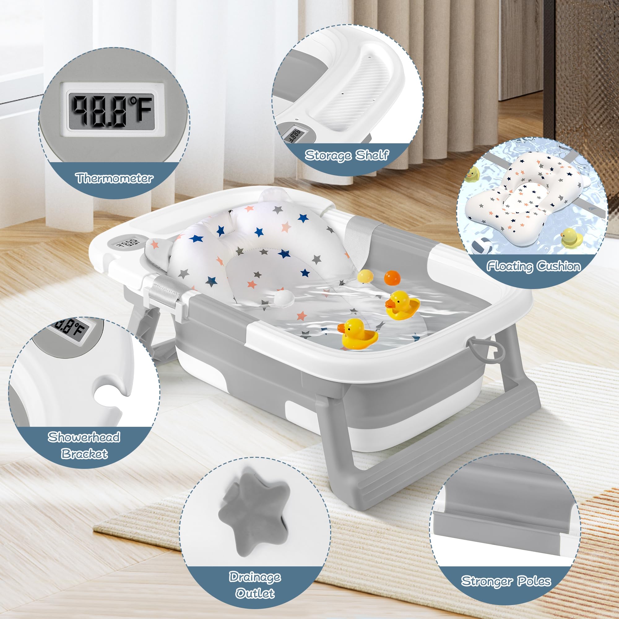 QueenFul off-the-ground drain with plug simplifies water removal.