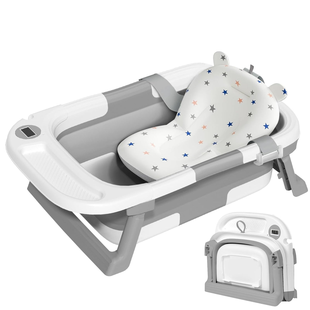 QueenFul collapsible baby bathtub folded compactly for easy storage and travel.
