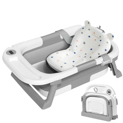 QueenFul collapsible baby bathtub folded compactly for easy storage and travel.