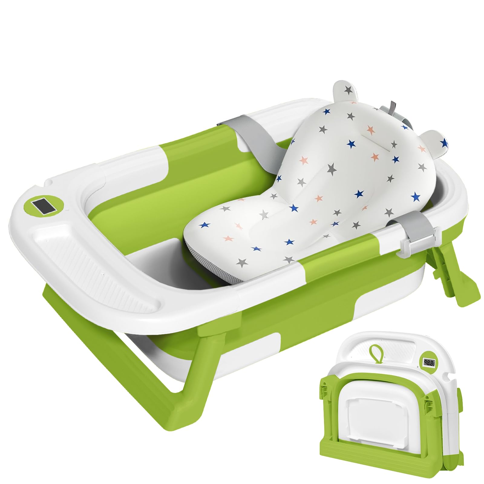 QueenFul collapsible baby bathtub folded for compact storage and travel.