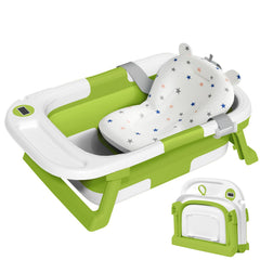 QueenFul collapsible baby bathtub folded for compact storage and travel.