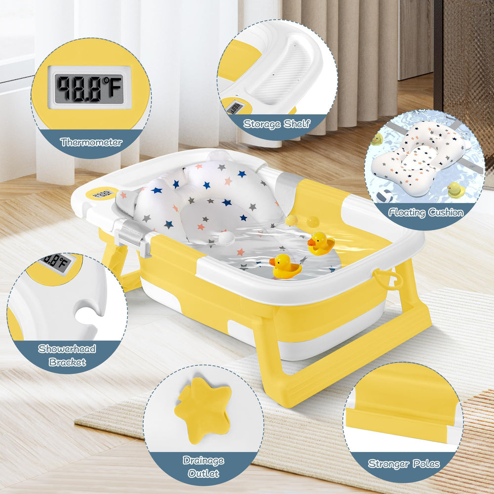 QueenFul bathtub four-point stand keeps baby stable.