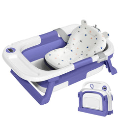QueenFul collapsible baby tub with thermometer showing water temperature for safe baths.