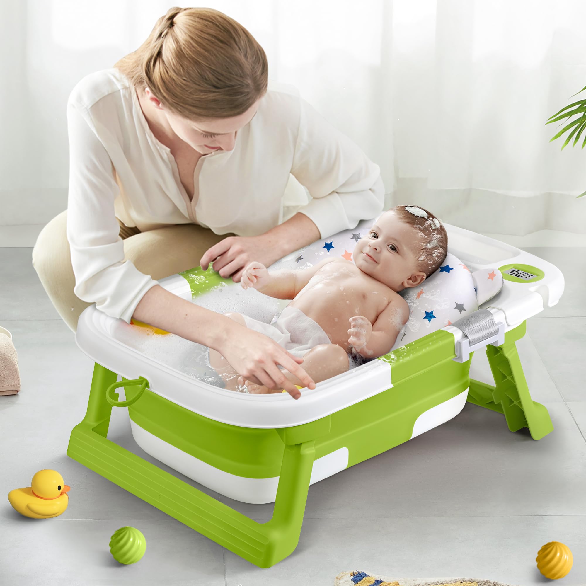 QueenFul portable travel-friendly green bath tub for on-the-go baths.