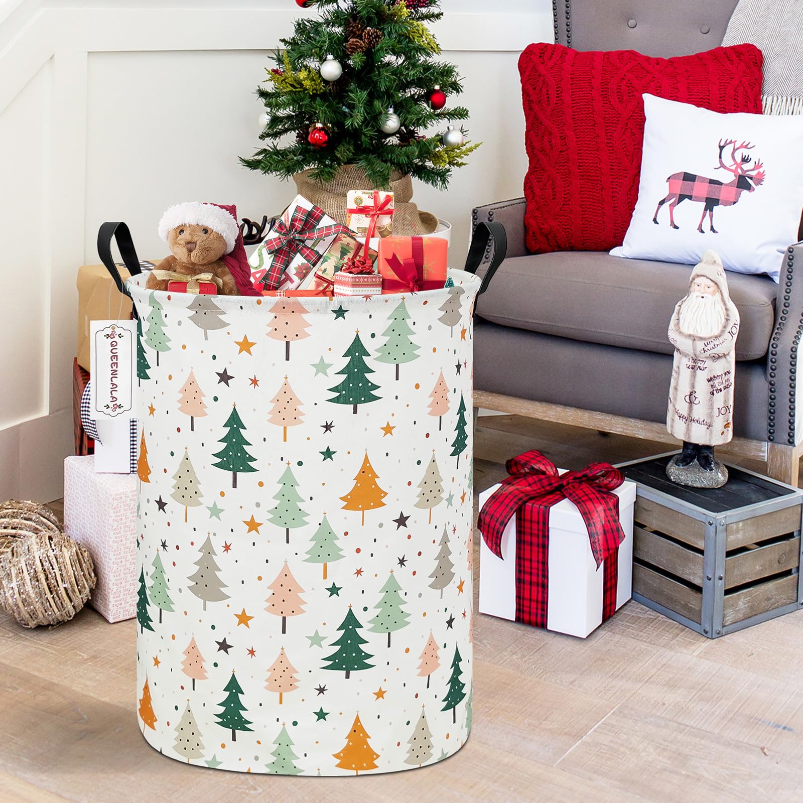 QUEENLALA round pine tree basket in living room holds blankets and pillows