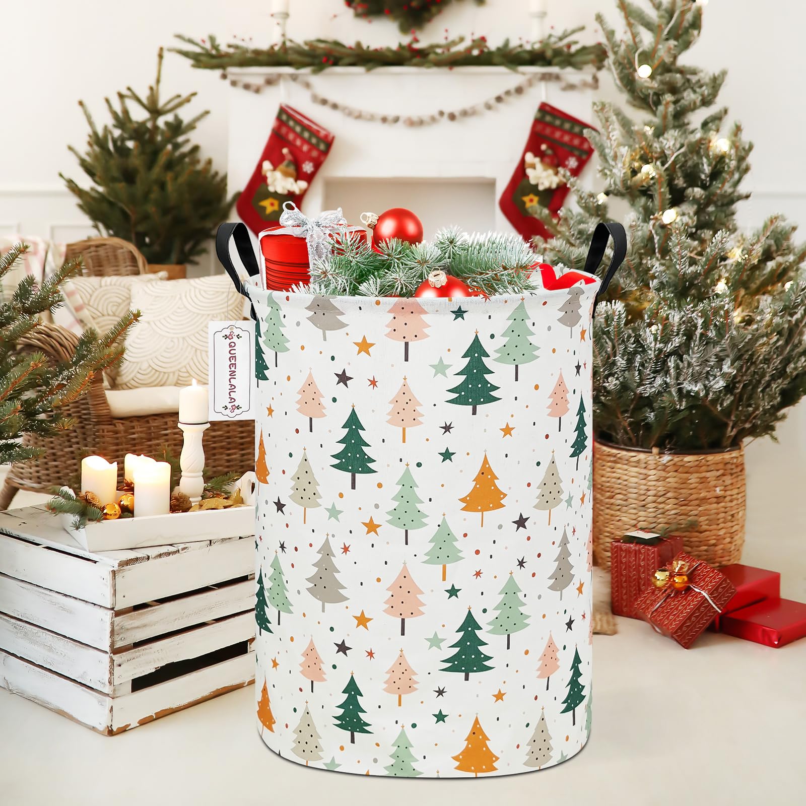 QUEENLALA round pine tree basket with handles for quick laundry trips