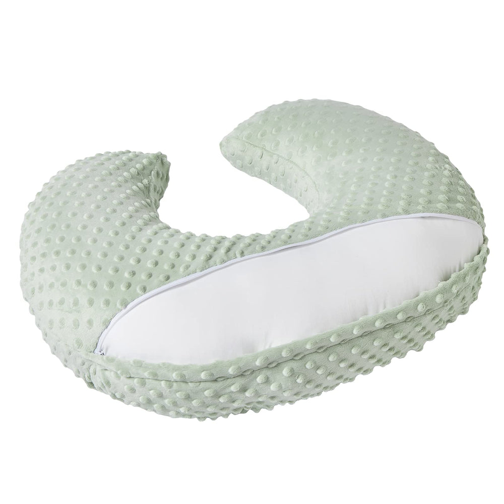 Close-up of QUENESS BABY nursing pillow green slipcover and soft fleece material.