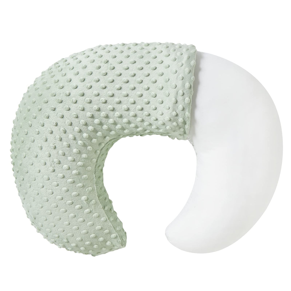 QUENESS BABY nursing pillow with green slipcover for breathable breastfeeding support.