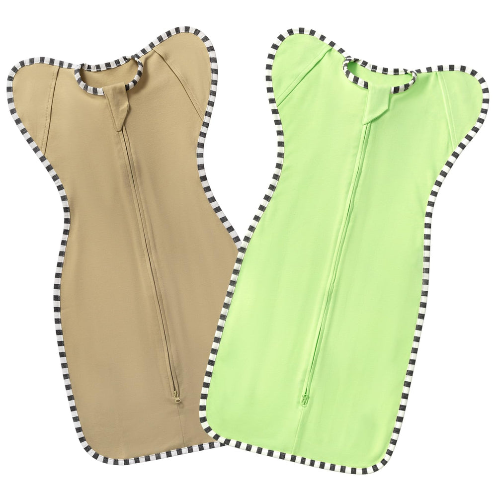 QUENESS BABY transitional swaddle front view in light green and tan for cozy nights