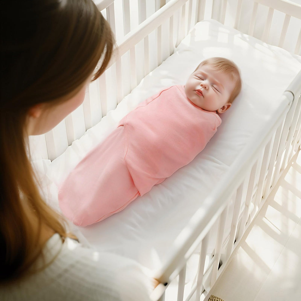 QUENESS baby swaddle in use with arms wrapped for calm sleep.