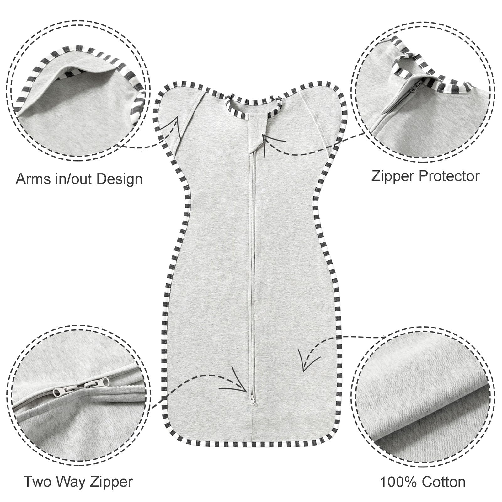 QUENESS Transition Swaddle 2-way zipper, easy diaper changes while baby stays cozy