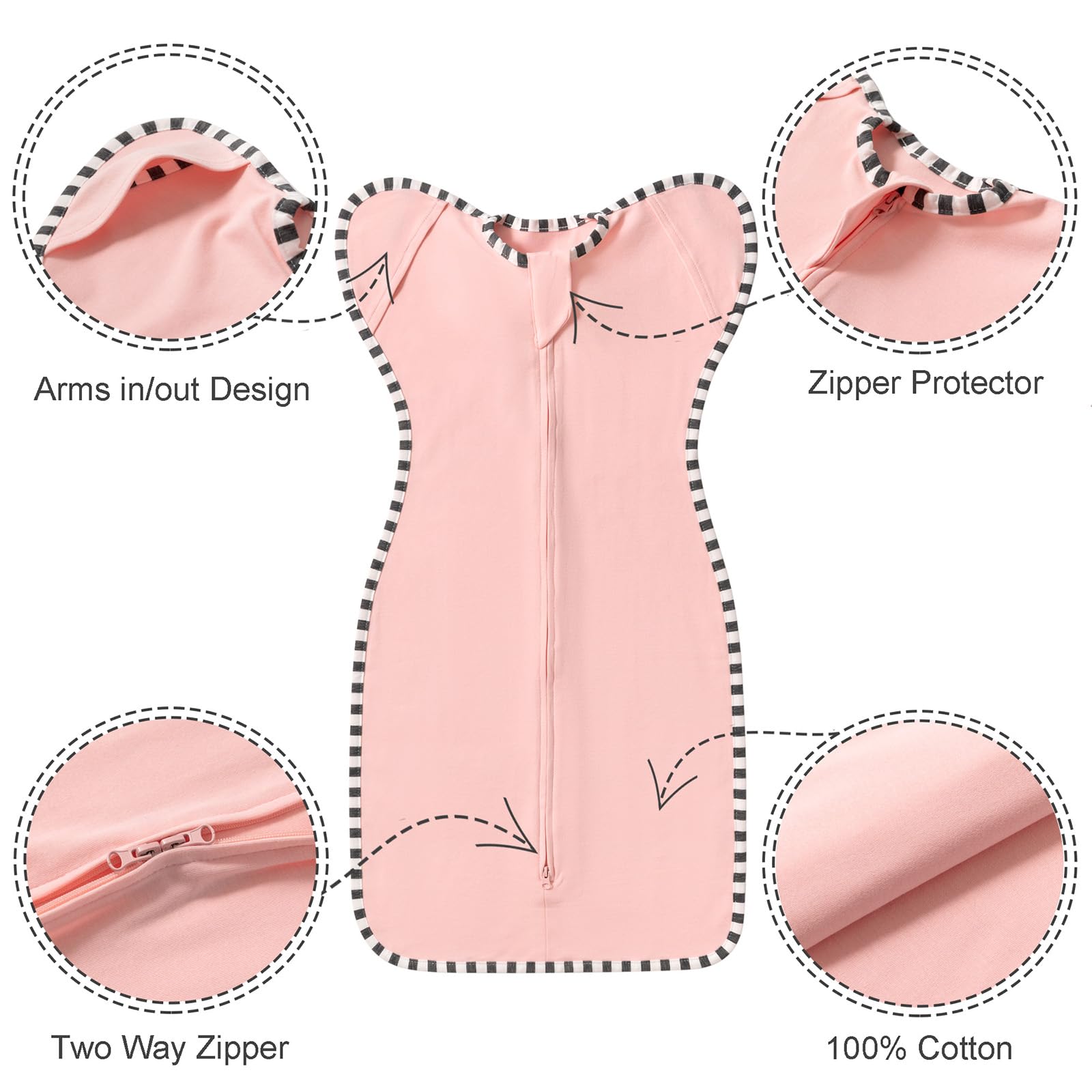 QUENESS Transition Swaddle with 2-way zipper for quick diaper changes.