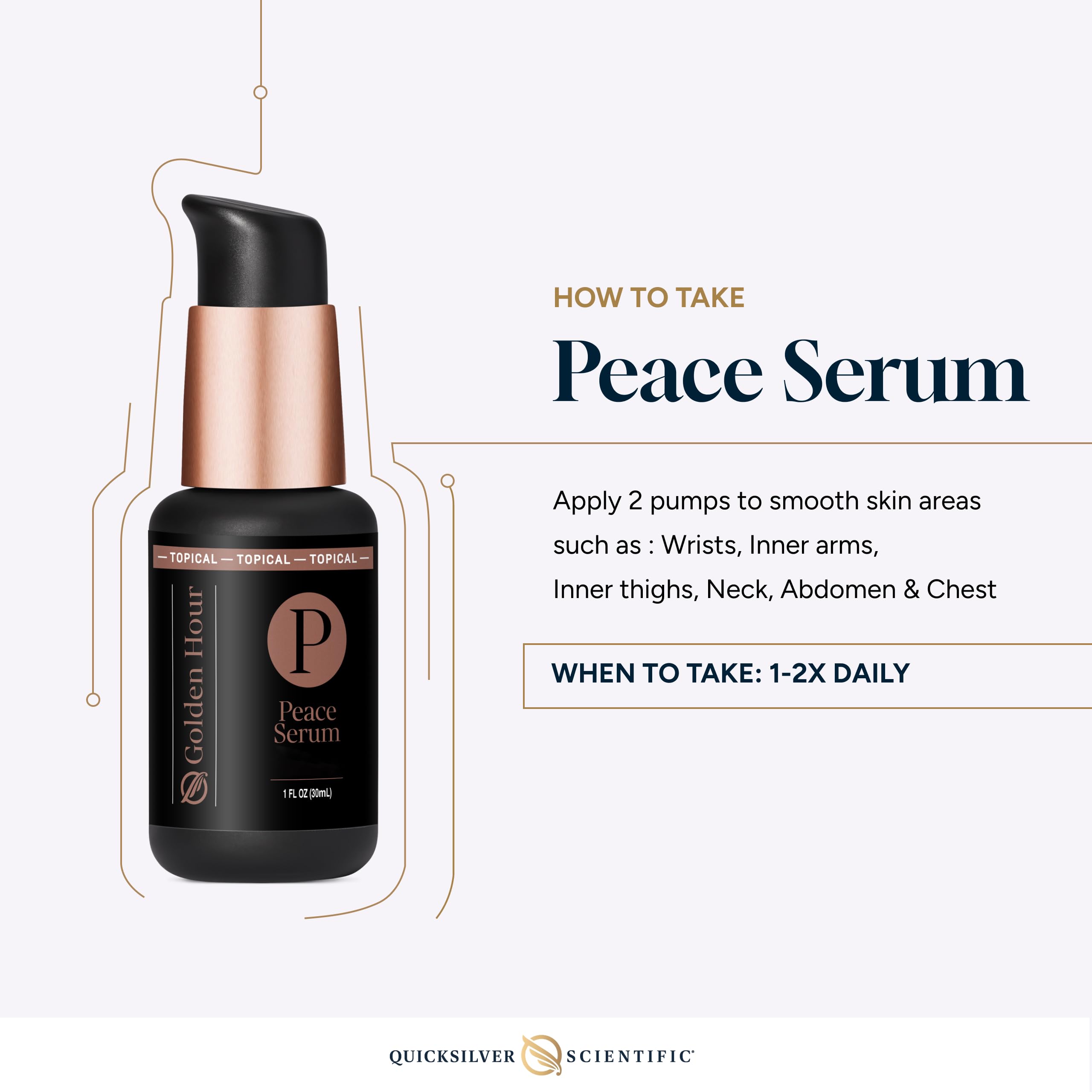 Quicksilver Peace Serum 1oz bottle on a shelf, ready for routine use.