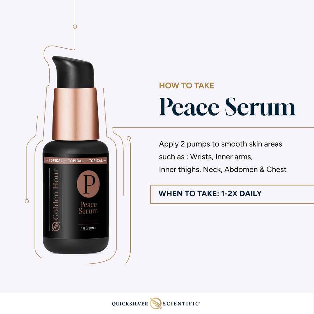Quicksilver Peace Serum 1oz bottle on a shelf, ready for routine use.
