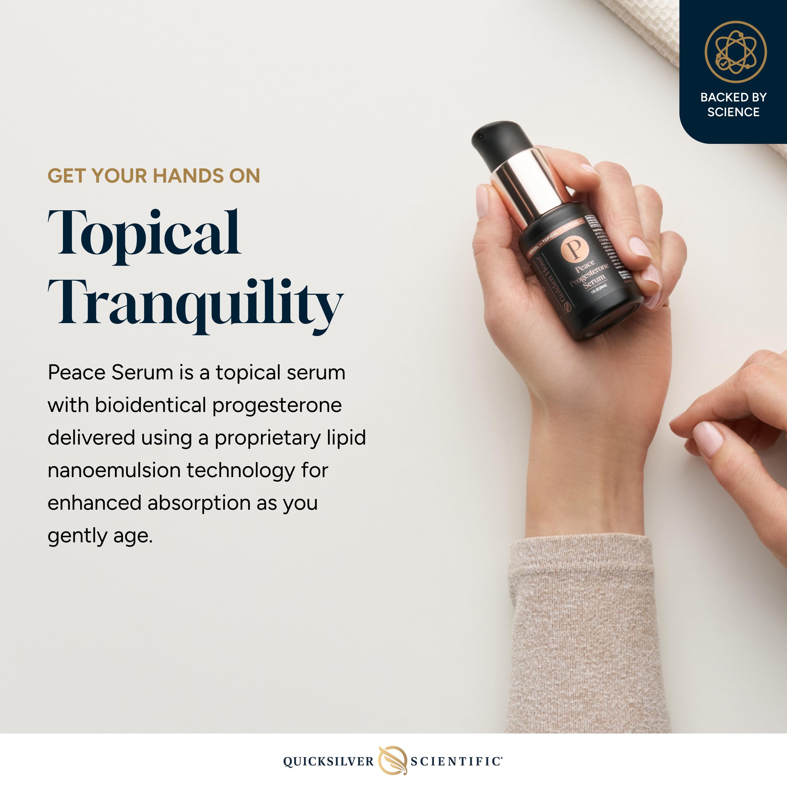 Quicksilver Peace Serum bottle bathed in warm light, evoking serenity.