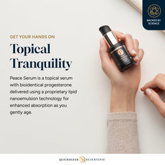 Quicksilver Peace Serum bottle bathed in warm light, evoking serenity.