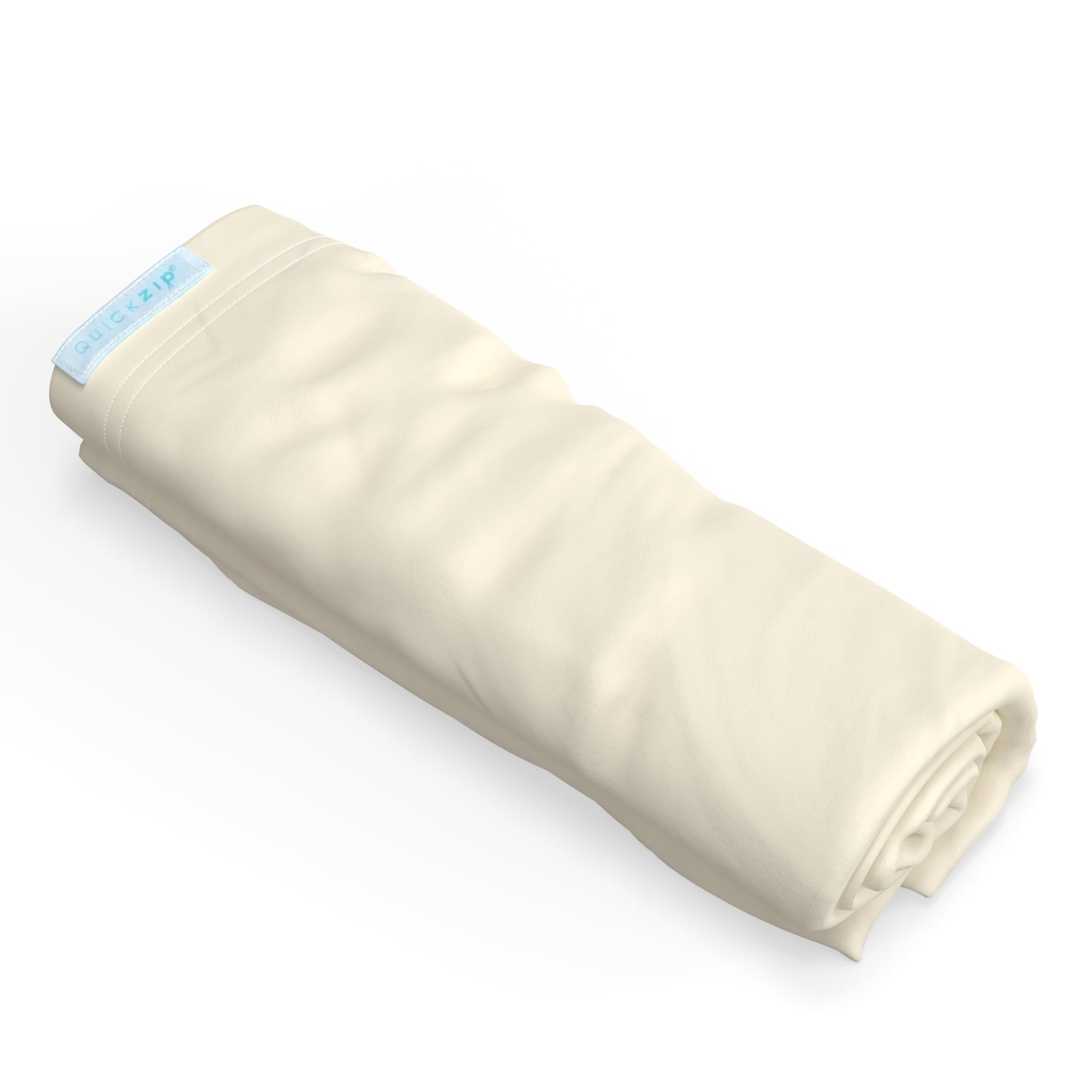 QuickZip Crib Extra Zip-On Sheet Ivory on mattress showing easy fit for quick changes.