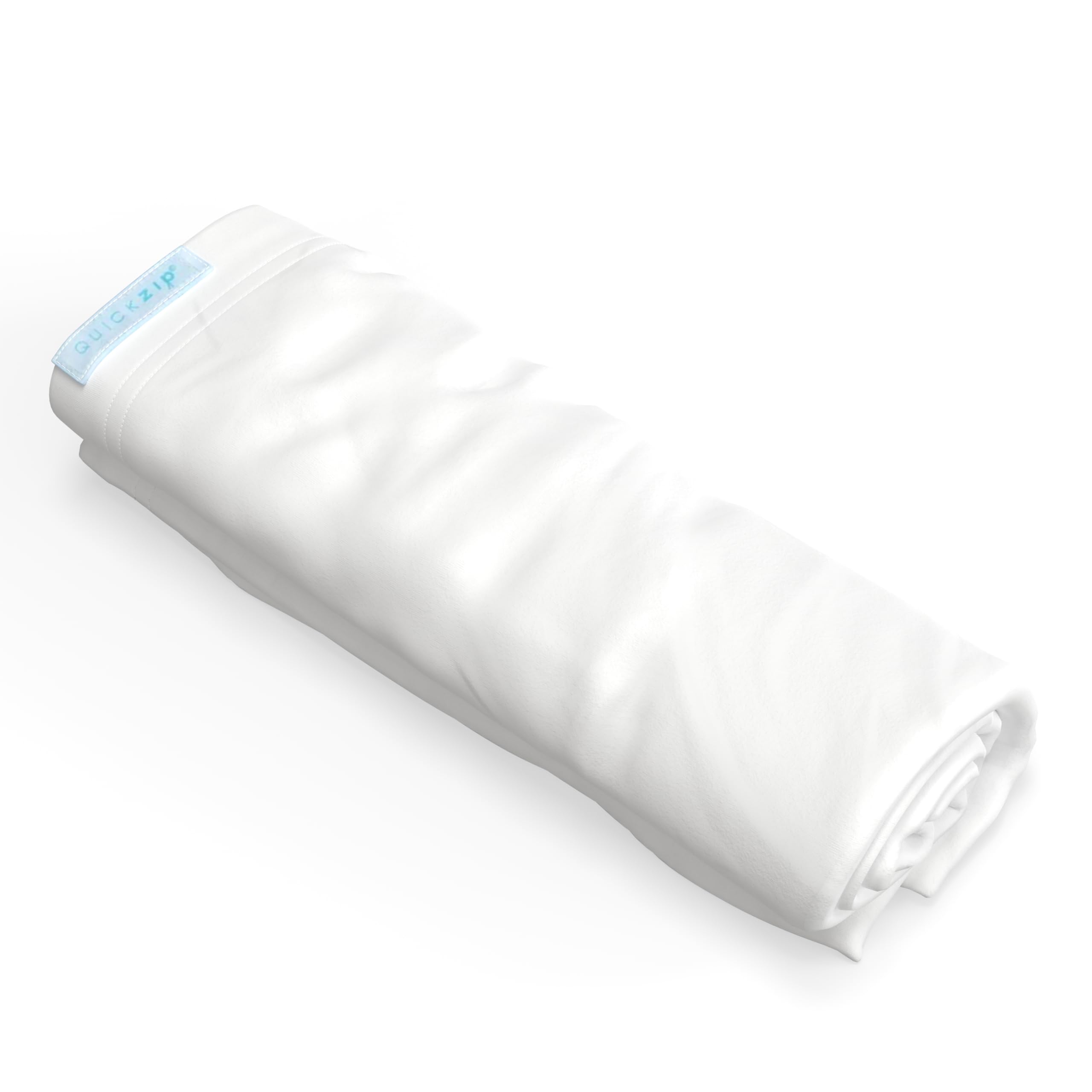 QuickZip extra zip-on crib sheet in white, easy on-off for faster changes.
