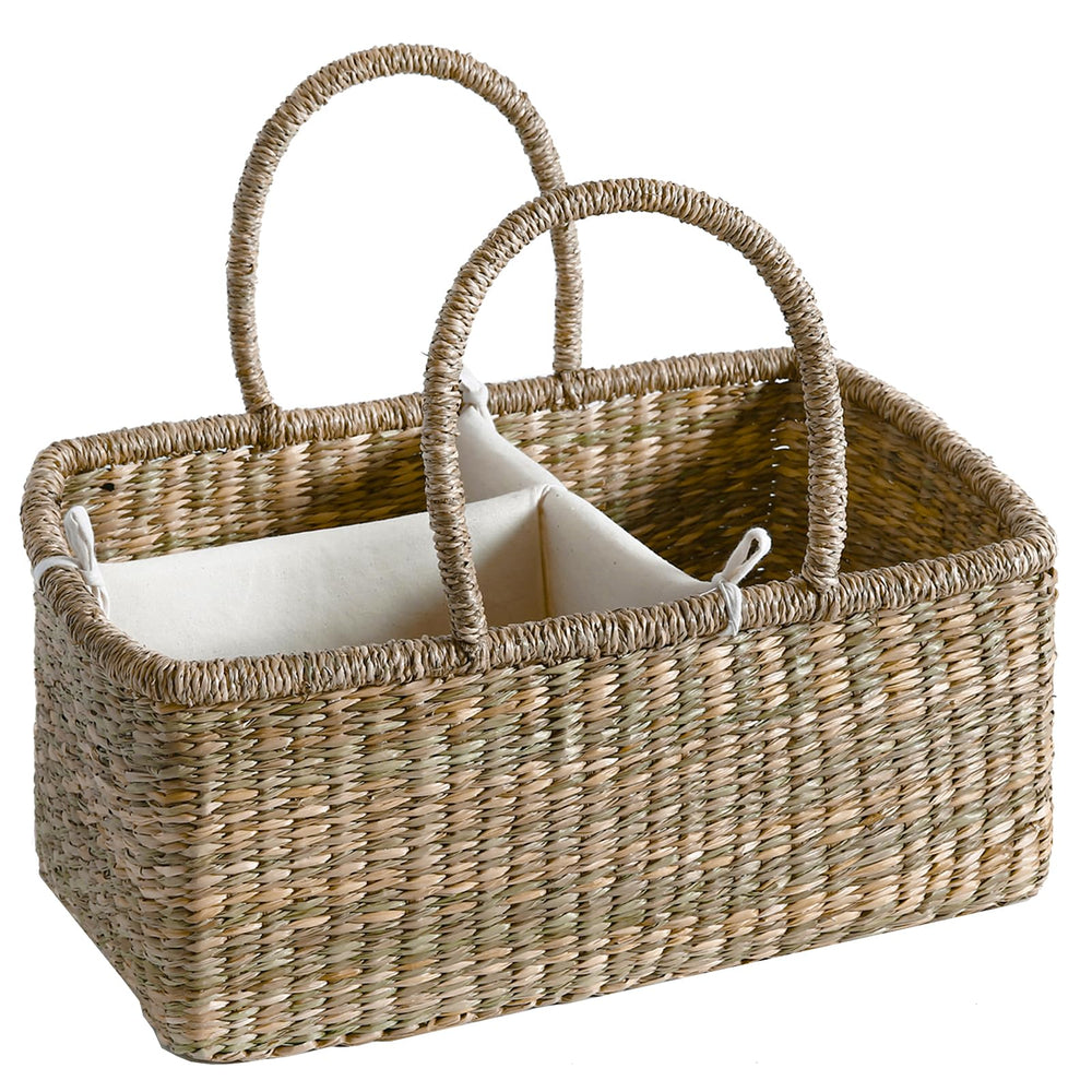 Quincry wicker diaper caddy in natural seagrass for organized nursery storage