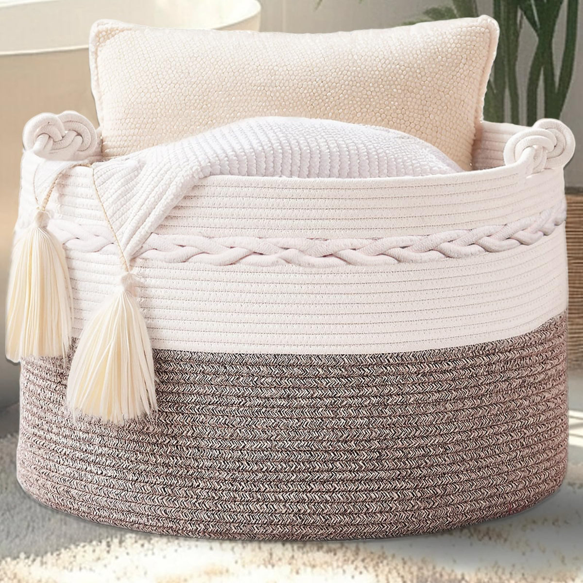 Quincunx beige cotton rope basket front view for versatile blanket storage