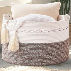 Quincunx beige cotton rope basket front view for versatile blanket storage