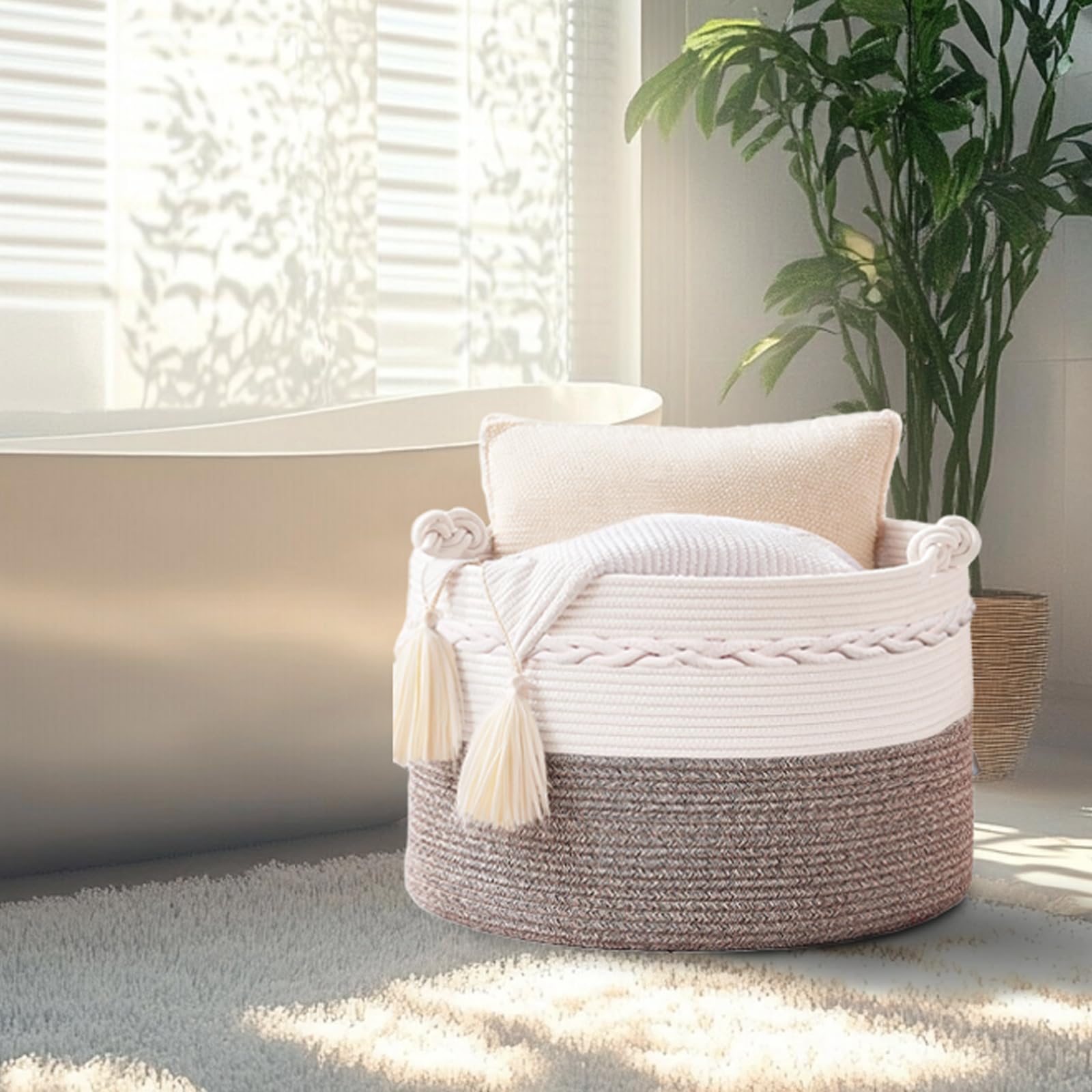 Quincunx beige basket in a modern living room complements decor