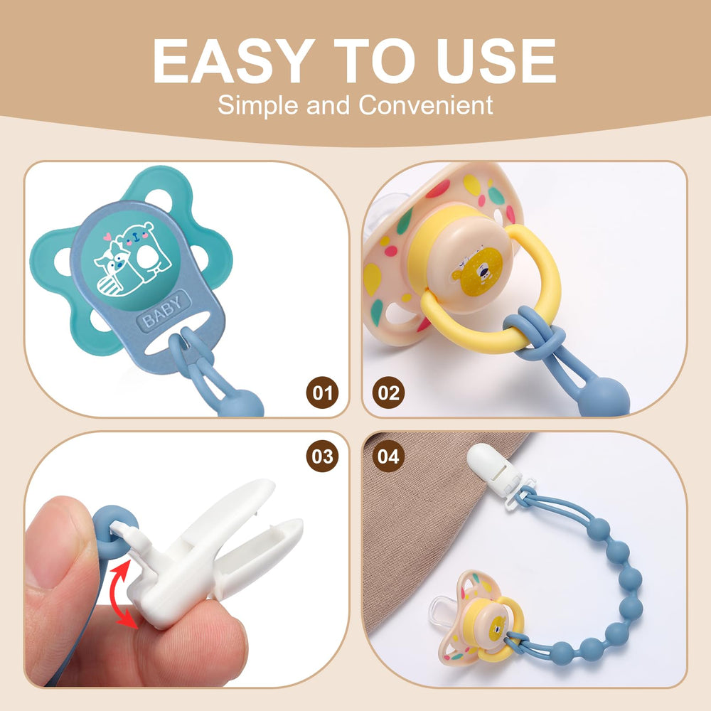 Qunland pacifier clip close-up on baby outfit with silicone texture