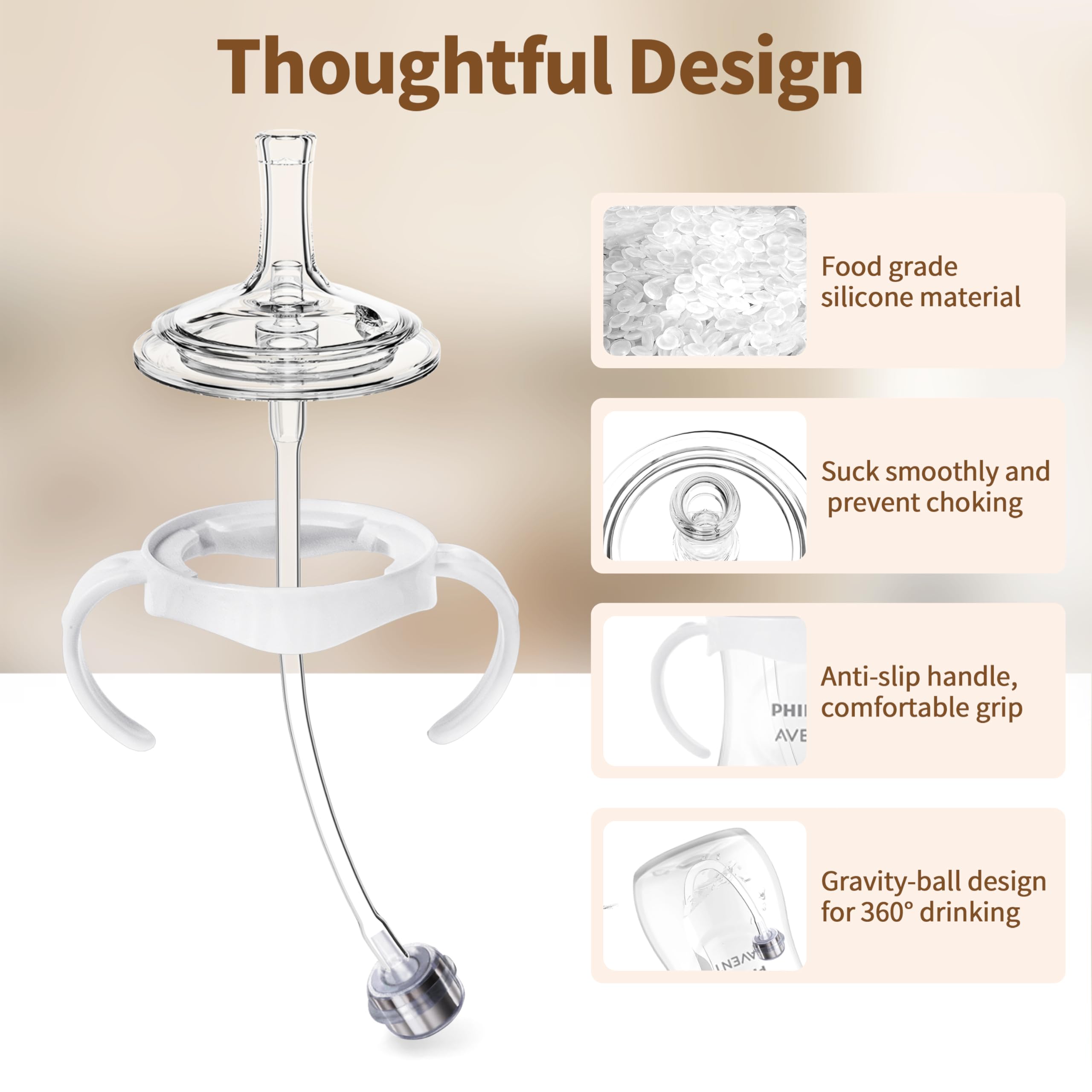 Qunland all-silicone spill-resistant spout ensures gum-friendly, safe contact with drink.