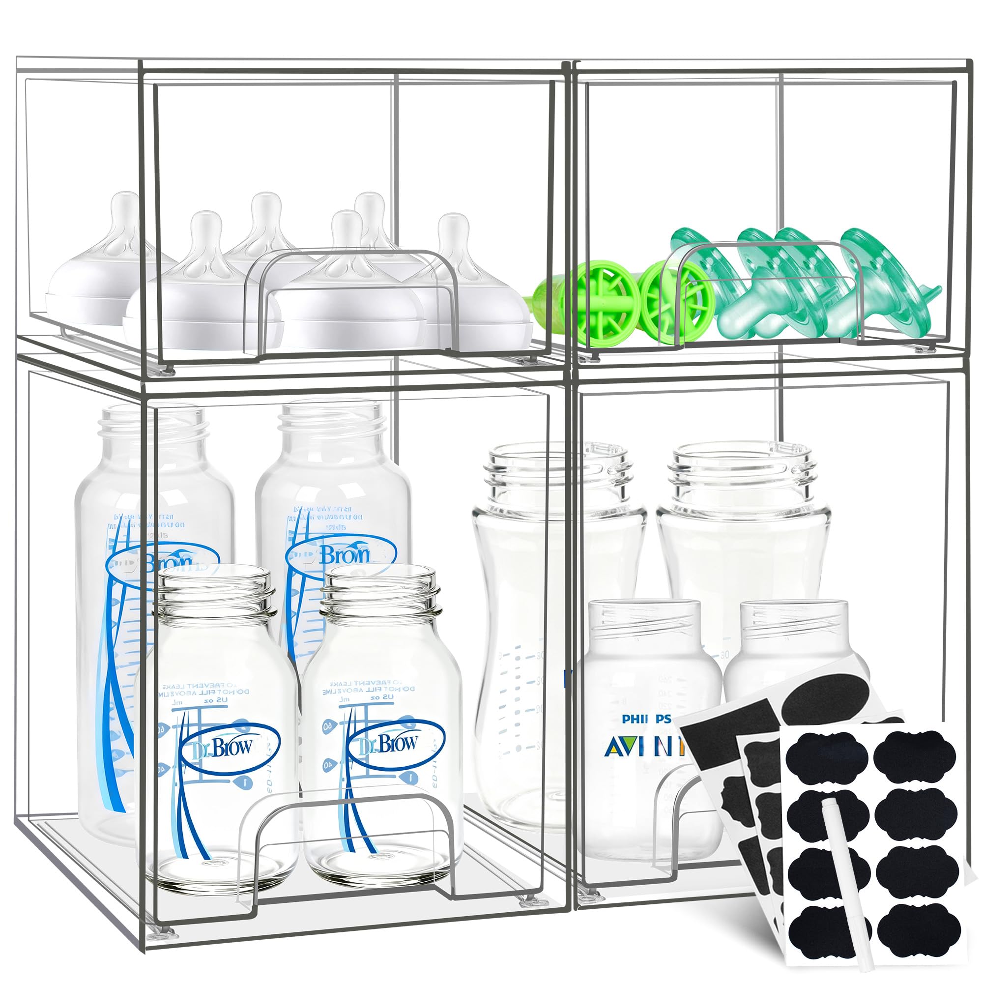 Qunland baby bottle organizer front view showing clear bins for easy access.