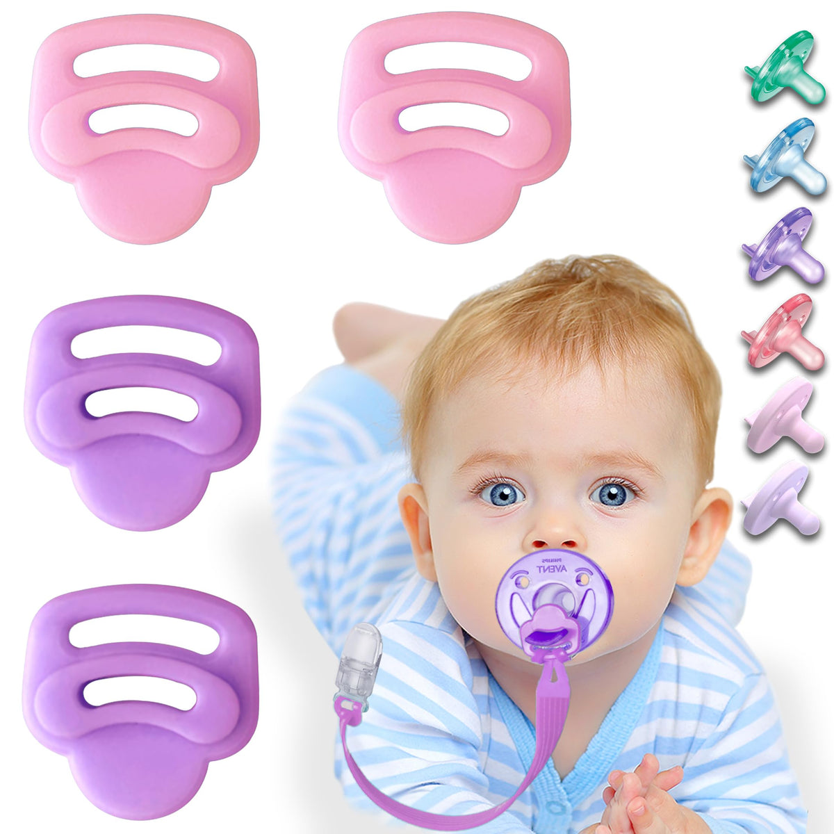 Qunland four-pack silicone pacifier clip adapter ring for Philips Avent Soothie keeps pacifiers clean.