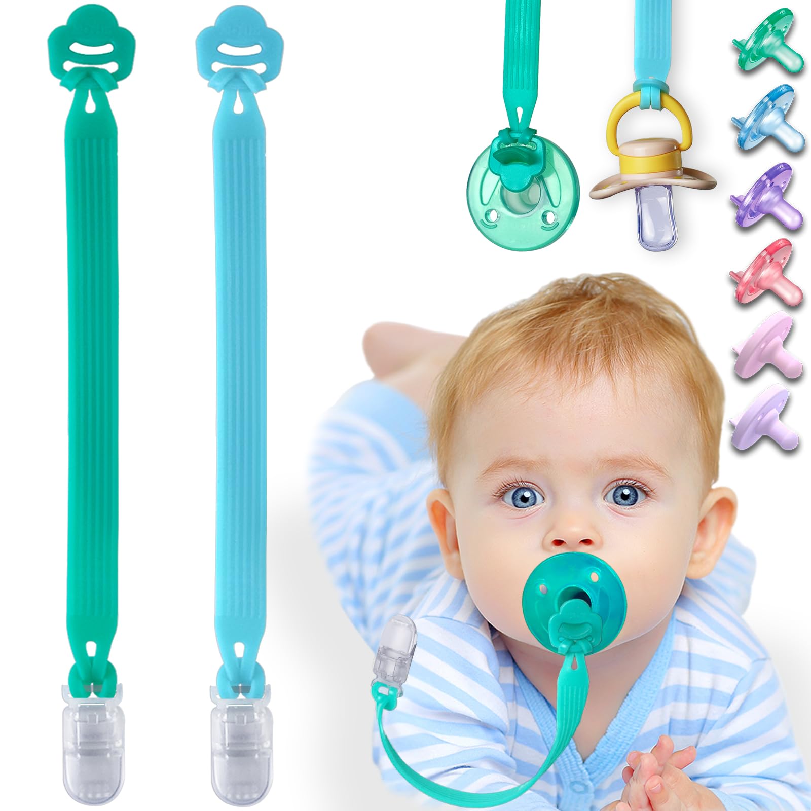 Qunland silicone pacifier clip with adapter ring on Avent Soothie, reducing loss.