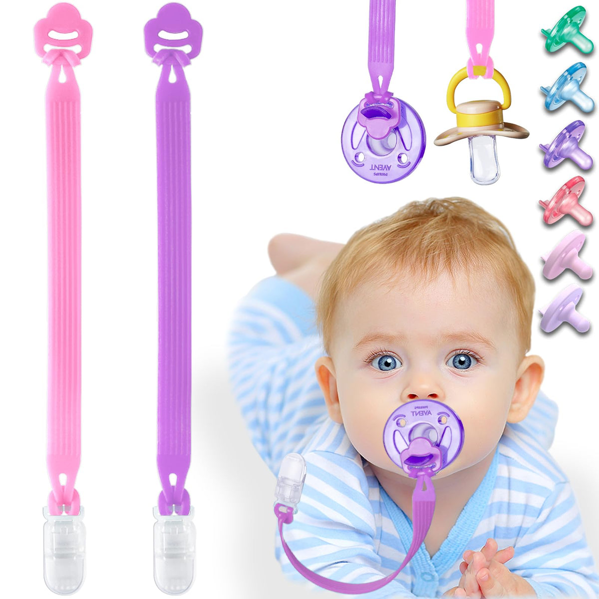 Qunland silicone pacifier clip with adapter ring for Avent Soothie keeps pacifier handy.