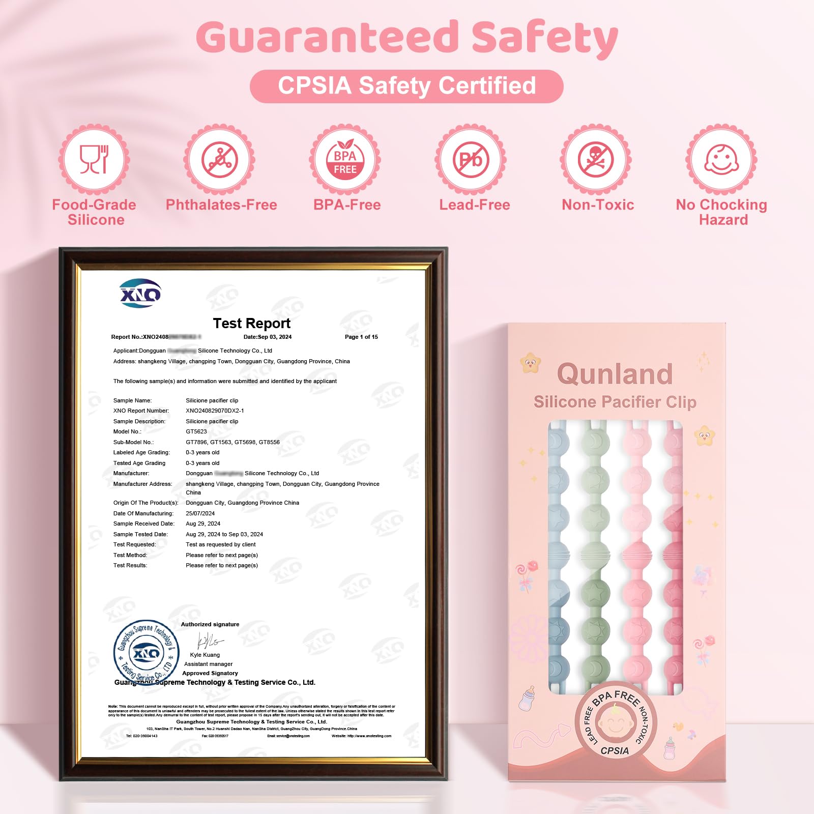 Qunland silicone pacifier clip magenta with wooden head demonstrates gentle, reliable grip