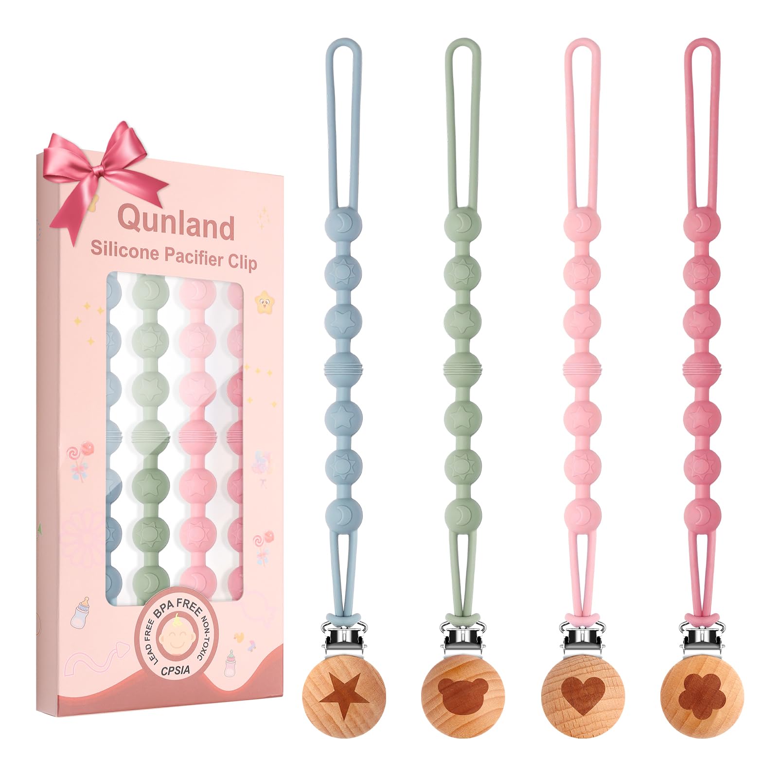 Qunland silicone pacifier clip pink close-up highlights soft texture and secure hold to prevent loss