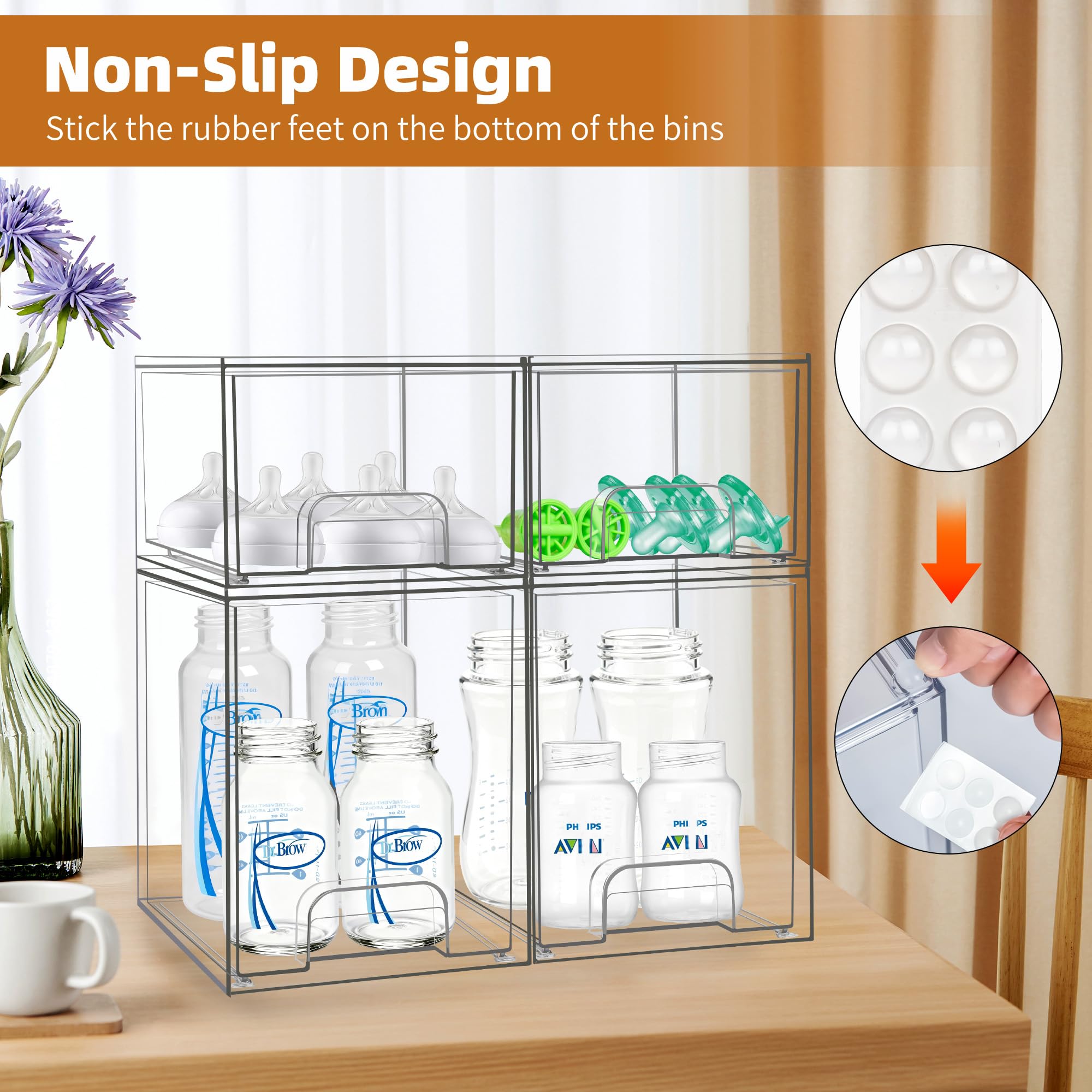Qunland baby bottle organizer features smooth pull-out handles for easy access.