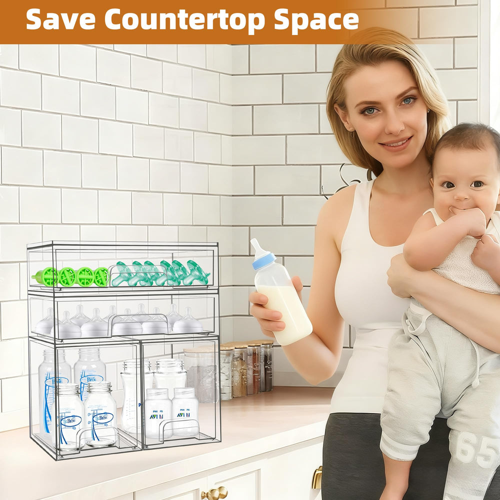 Qunland stackable bottle organizers save shelf space while keeping accessories within reach.