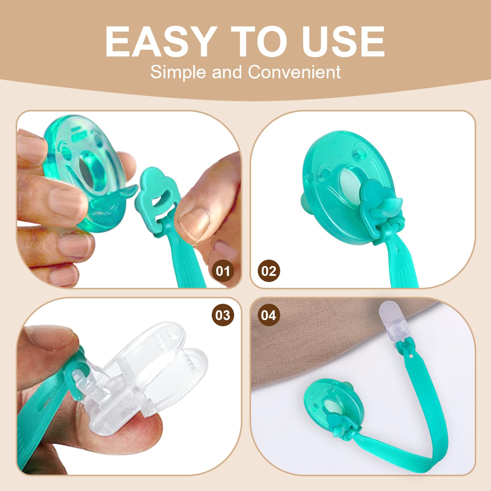 Qunland wide-compatibility clip fits multiple pacifiers beyond Avent Soothie.