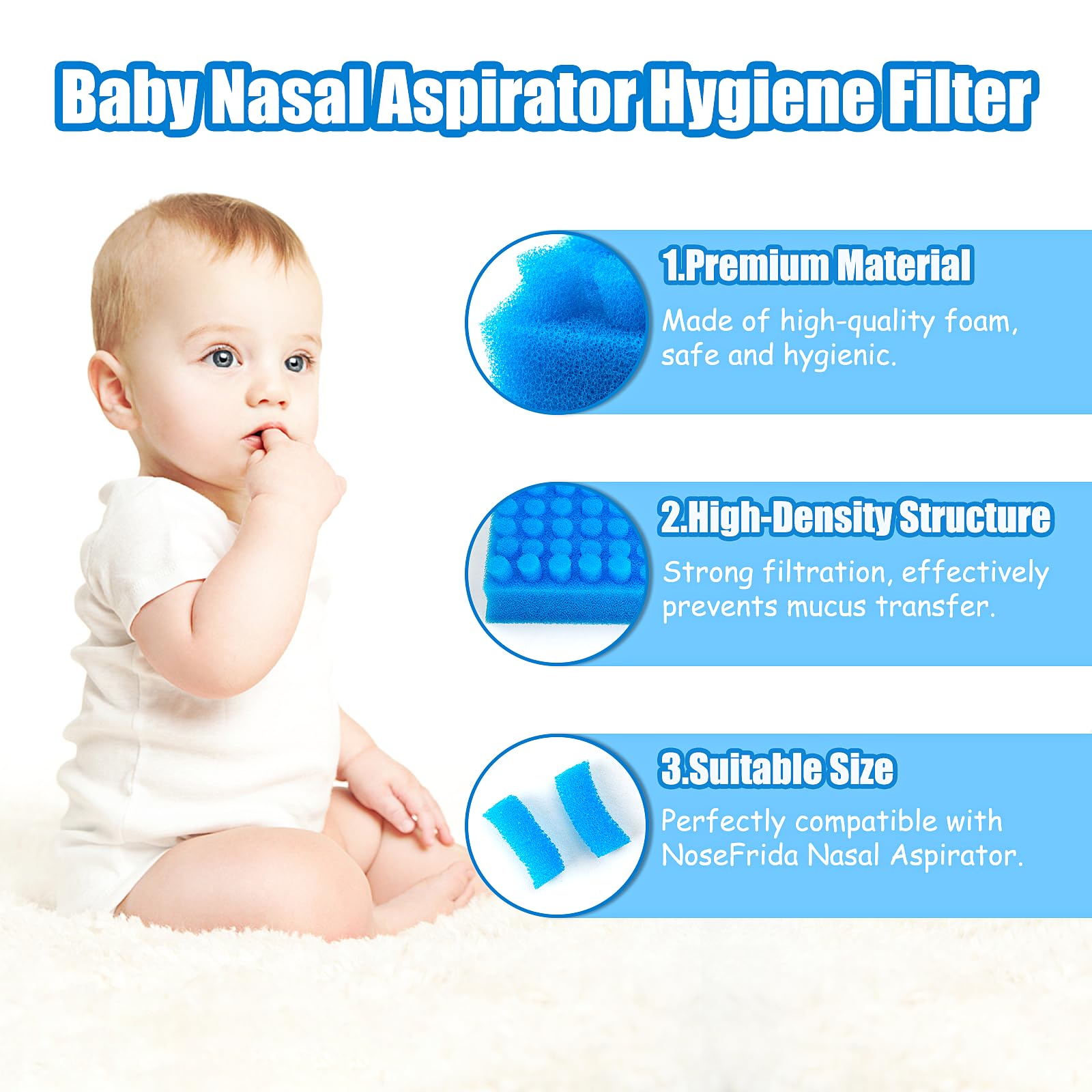 Qunlions life latex-free sponges, replaceable for gentle nasal suction.